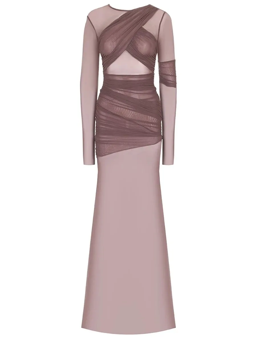 Elegant Long Sleeve Mesh Patchwork Bodycon Evening Dress