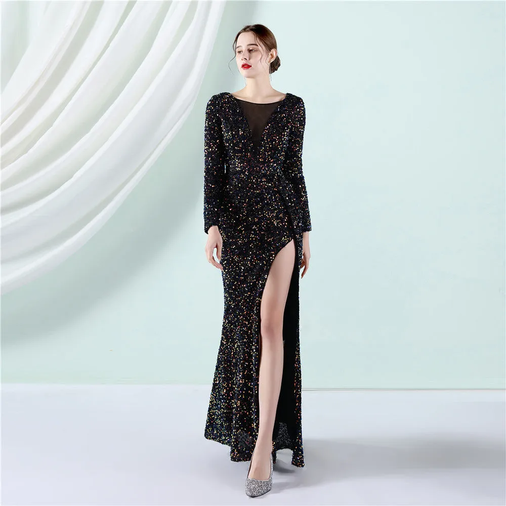 Elegant Long Sleeve Sequined Fishtail Evening Dress