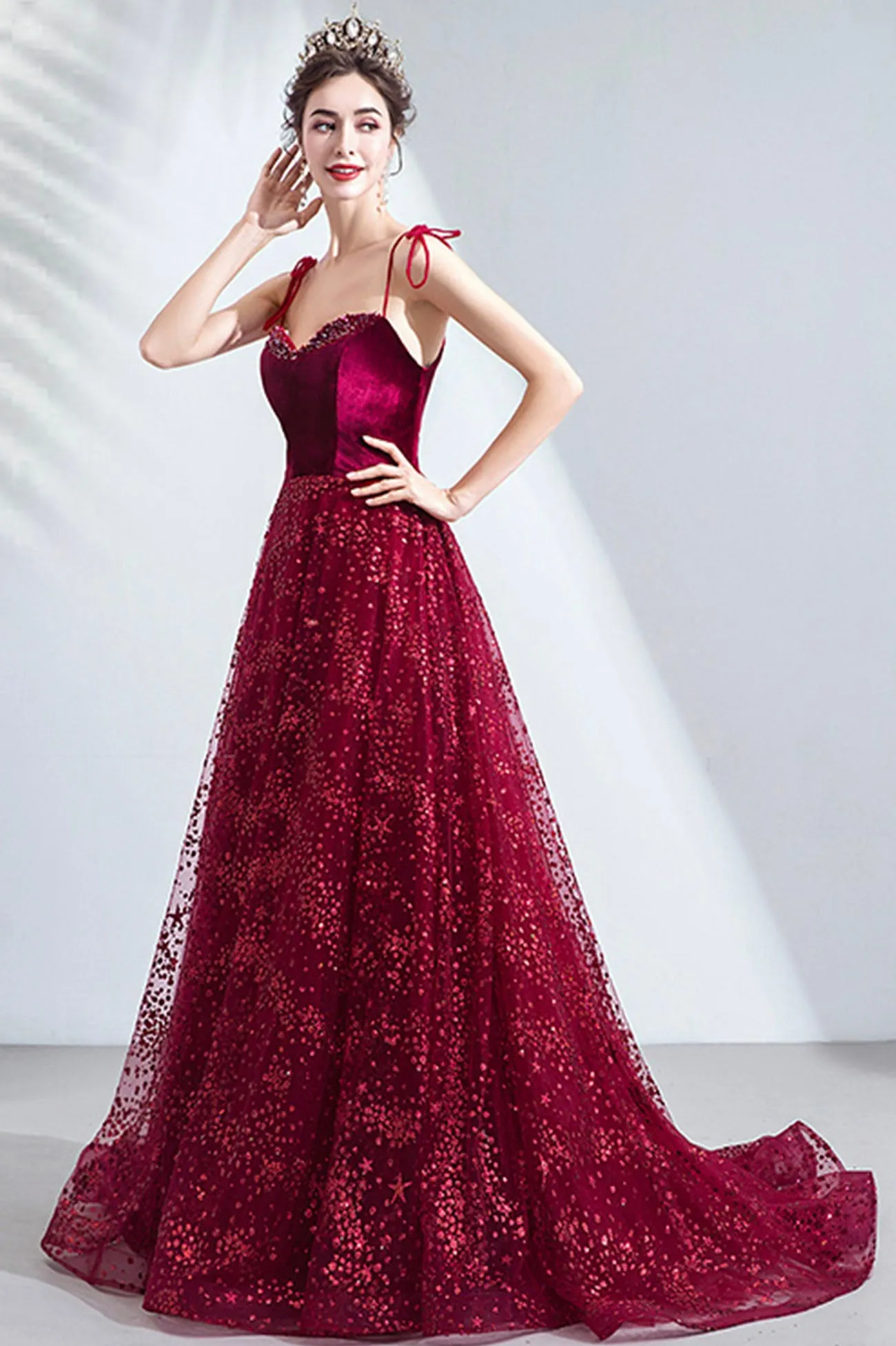 Elegant Spaghetti Strap Long Prom Dress, Velvet and Tulle Formal Dress with Sequins