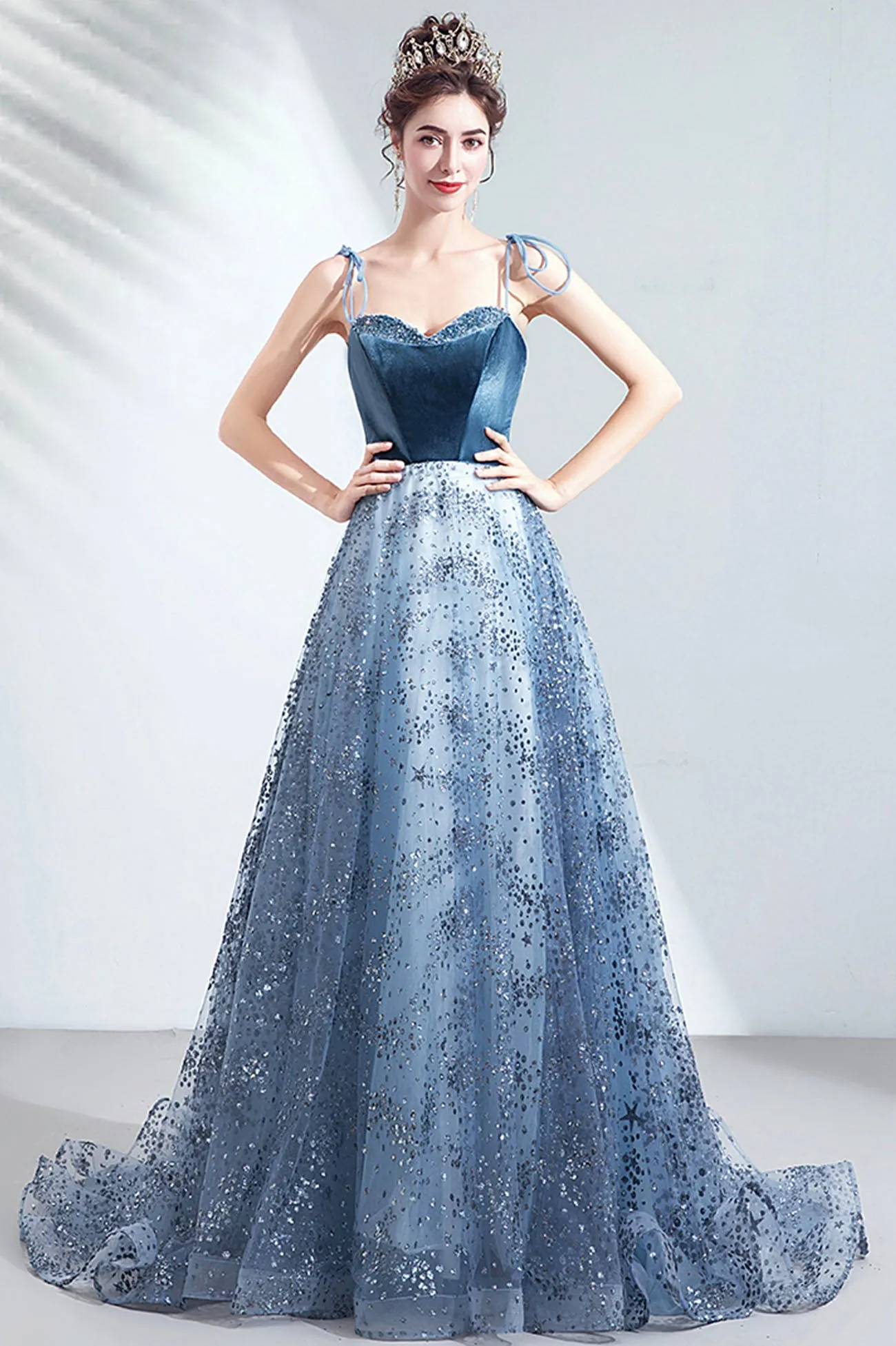 Elegant Spaghetti Strap Long Prom Dress, Velvet and Tulle Formal Dress with Sequins