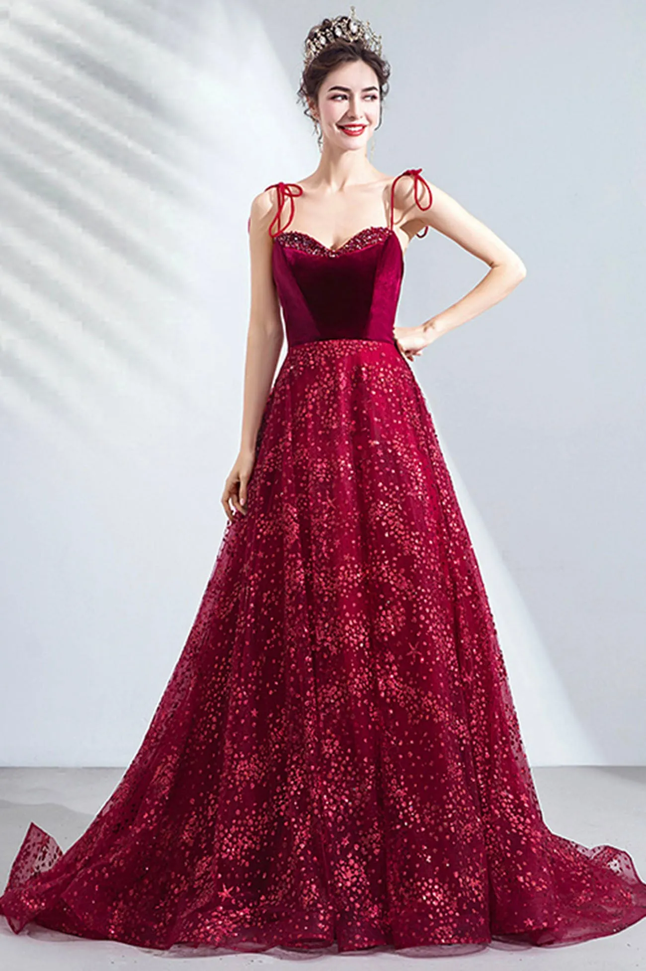 Elegant Spaghetti Strap Long Prom Dress, Velvet and Tulle Formal Dress with Sequins