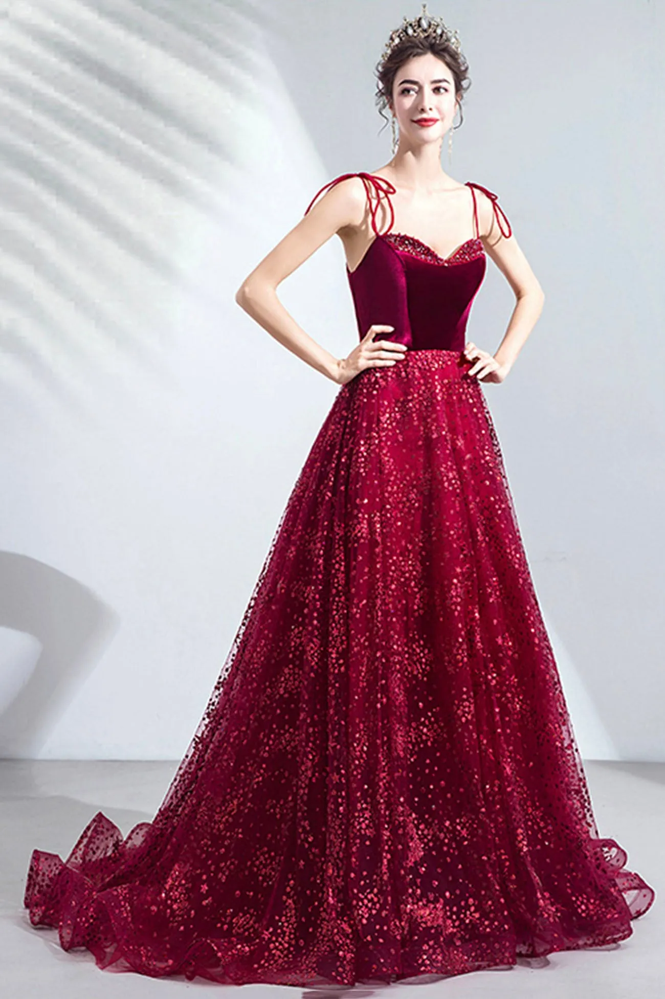 Elegant Spaghetti Strap Long Prom Dress, Velvet and Tulle Formal Dress with Sequins