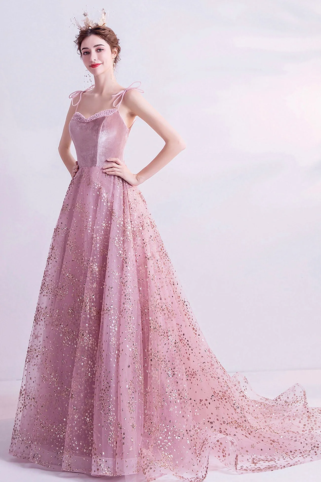 Elegant Spaghetti Strap Long Prom Dress, Velvet and Tulle Formal Dress with Sequins