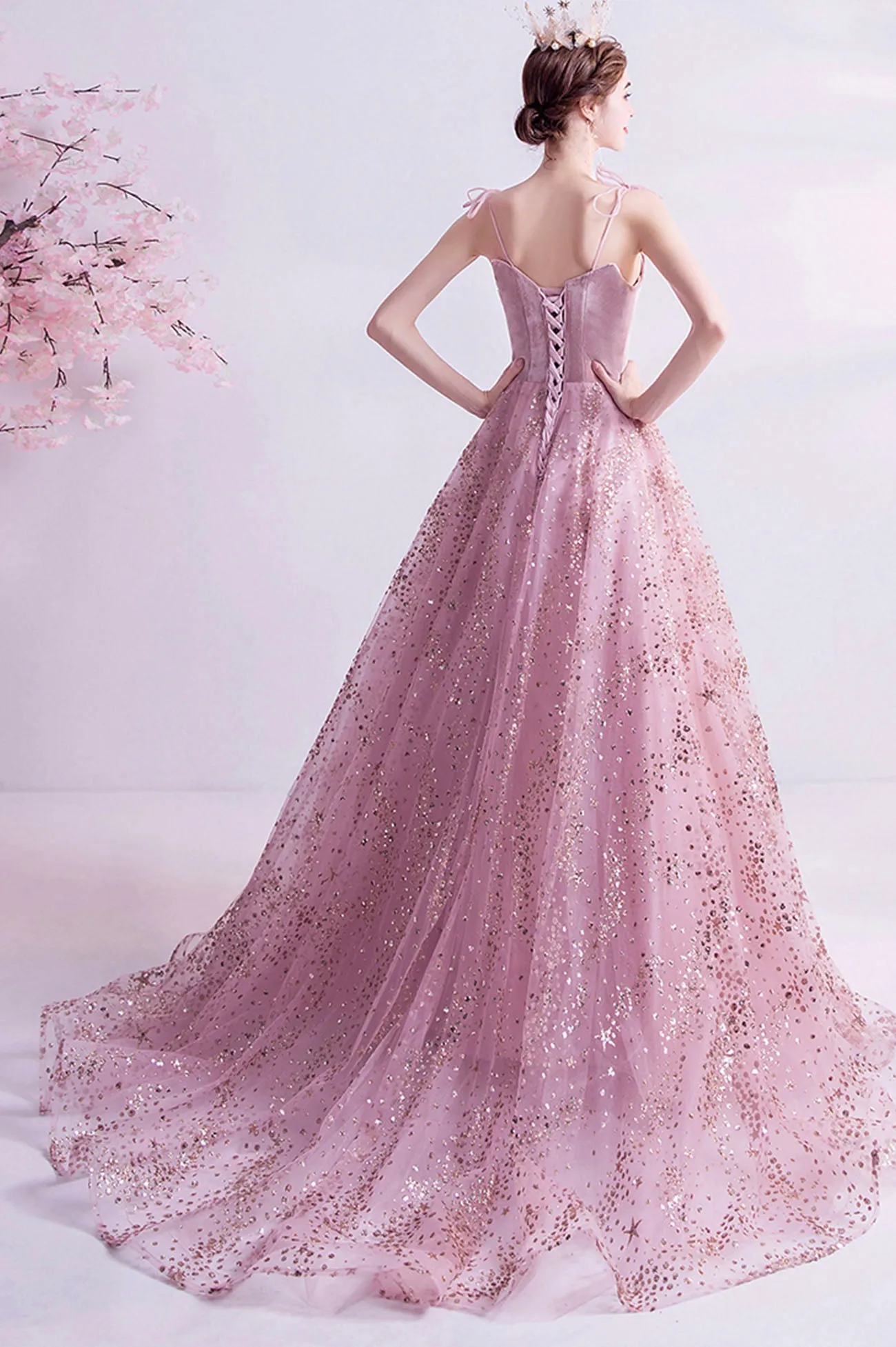 Elegant Spaghetti Strap Long Prom Dress, Velvet and Tulle Formal Dress with Sequins