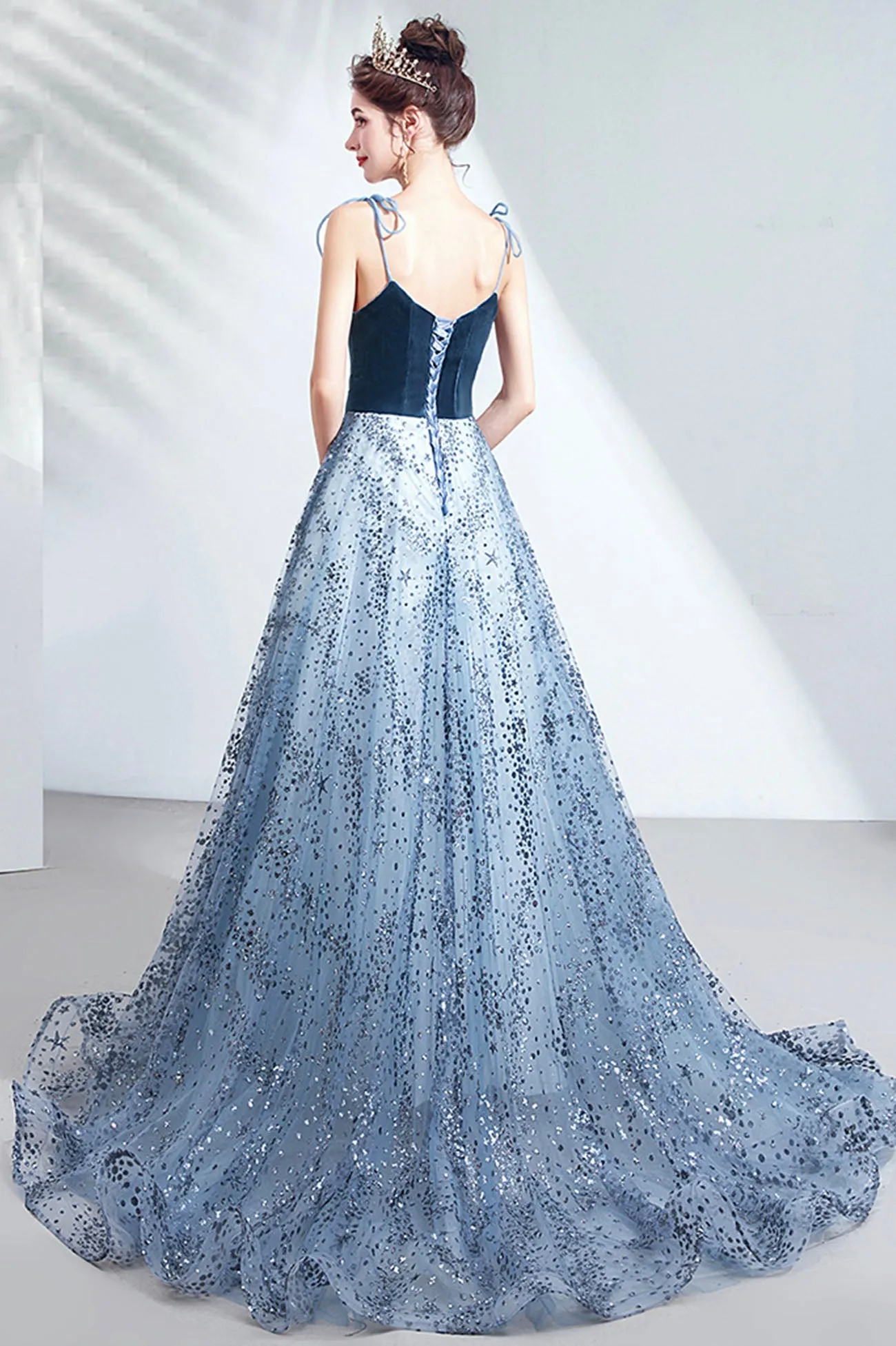 Elegant Spaghetti Strap Long Prom Dress, Velvet and Tulle Formal Dress with Sequins
