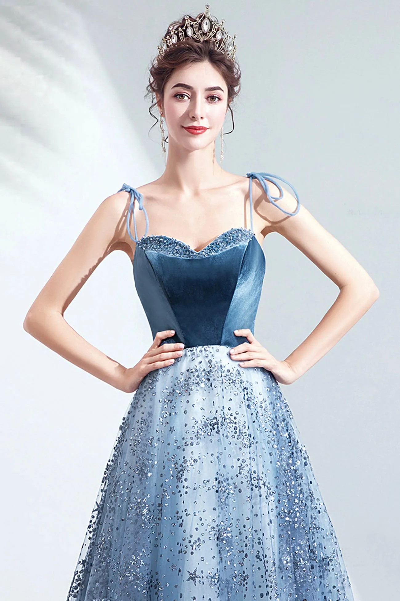 Elegant Spaghetti Strap Long Prom Dress, Velvet and Tulle Formal Dress with Sequins