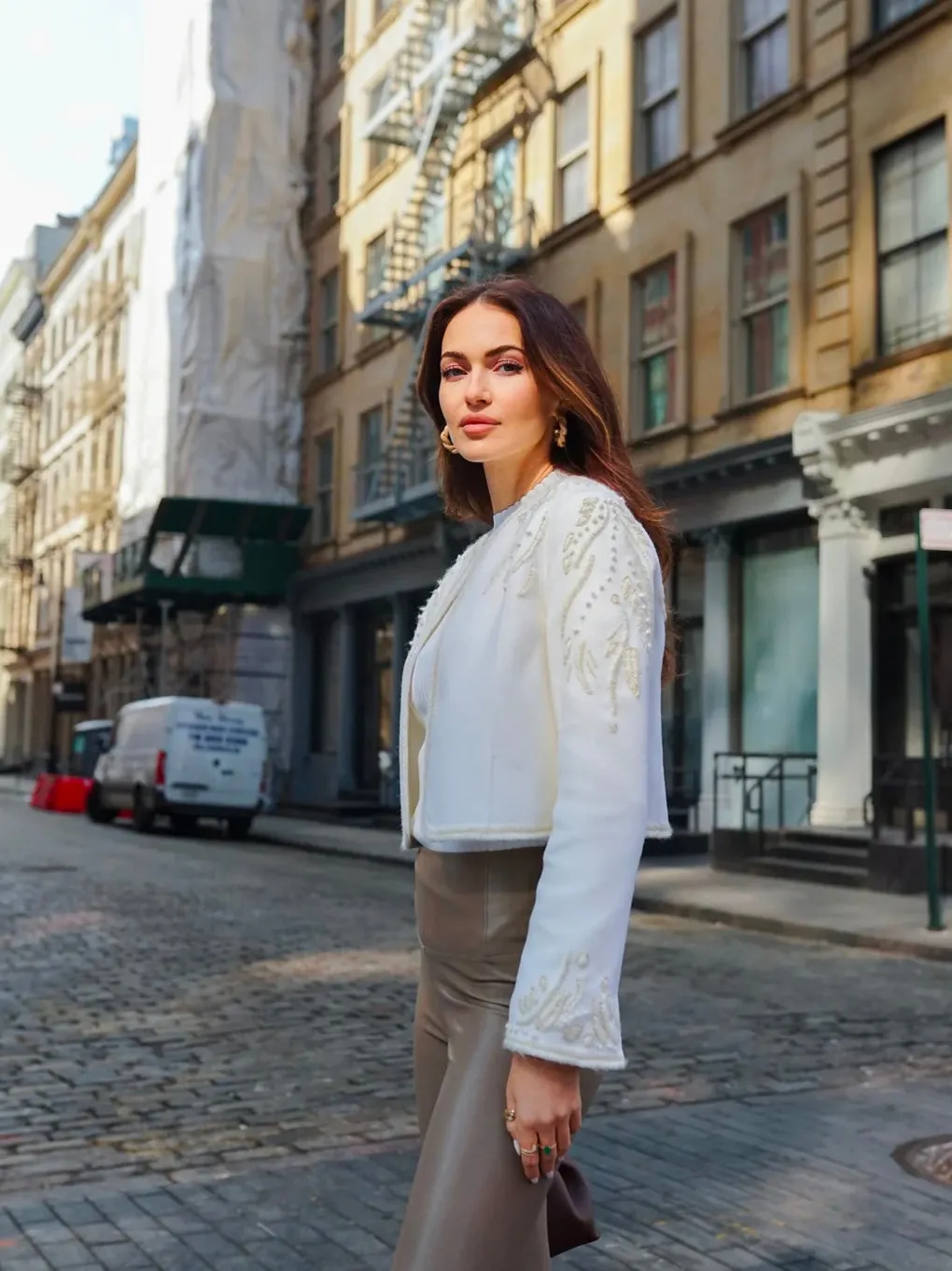 Embroidered Cropped Wool Jacket in Ivory