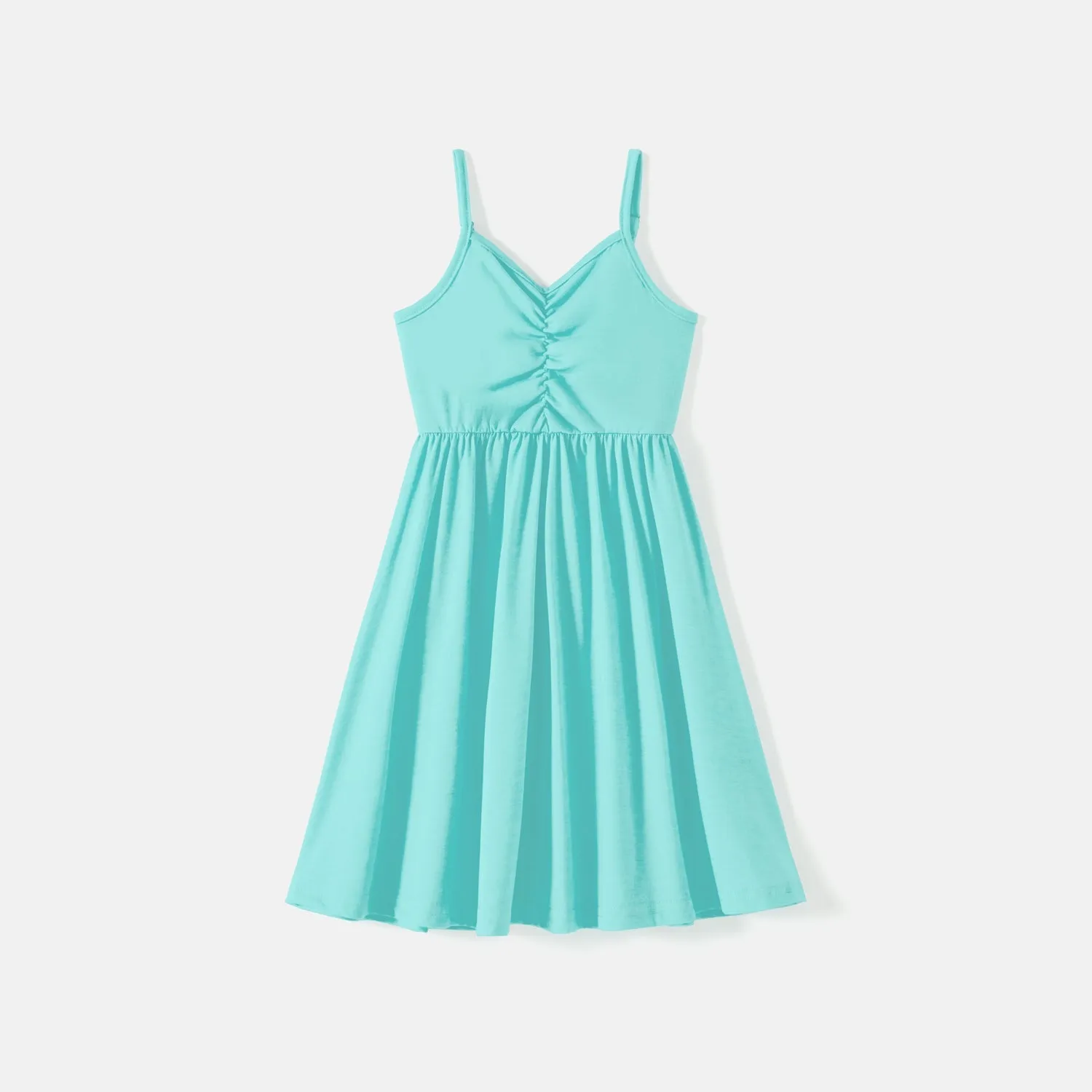 Family Matching 95% Cotton Solid V Neck Ruched Cami Dresses and Colorblock Short-sleeve Tee Sets
