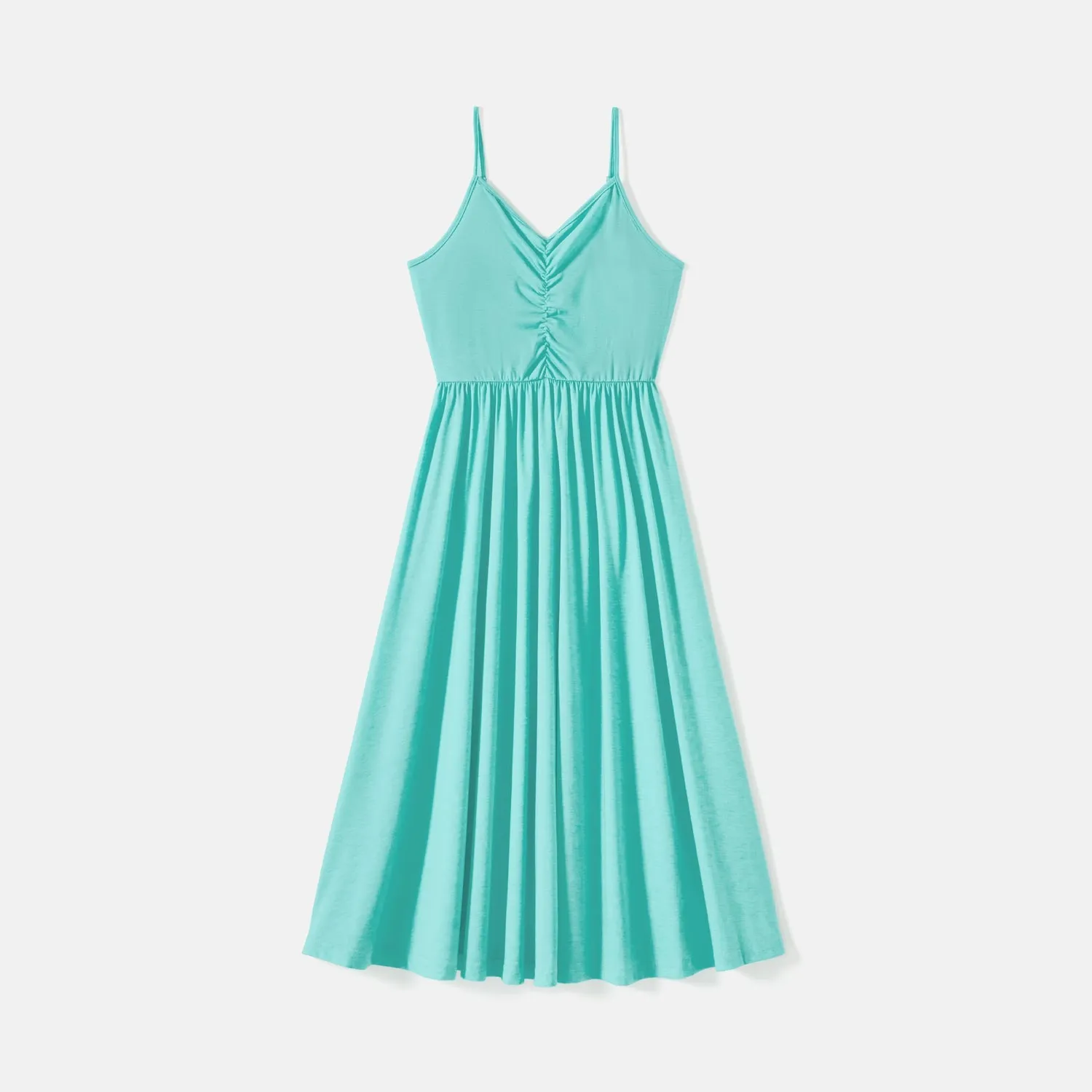Family Matching 95% Cotton Solid V Neck Ruched Cami Dresses and Colorblock Short-sleeve Tee Sets