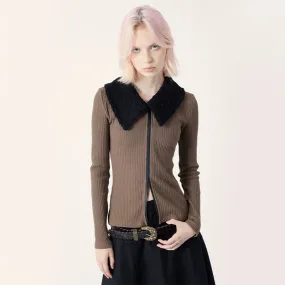 Faux Fur Collar Zip-Up Cardigan