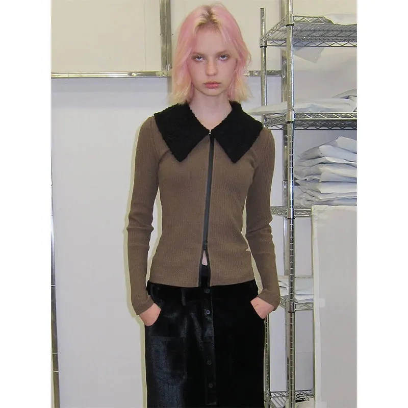 Faux Fur Collar Zip-Up Cardigan