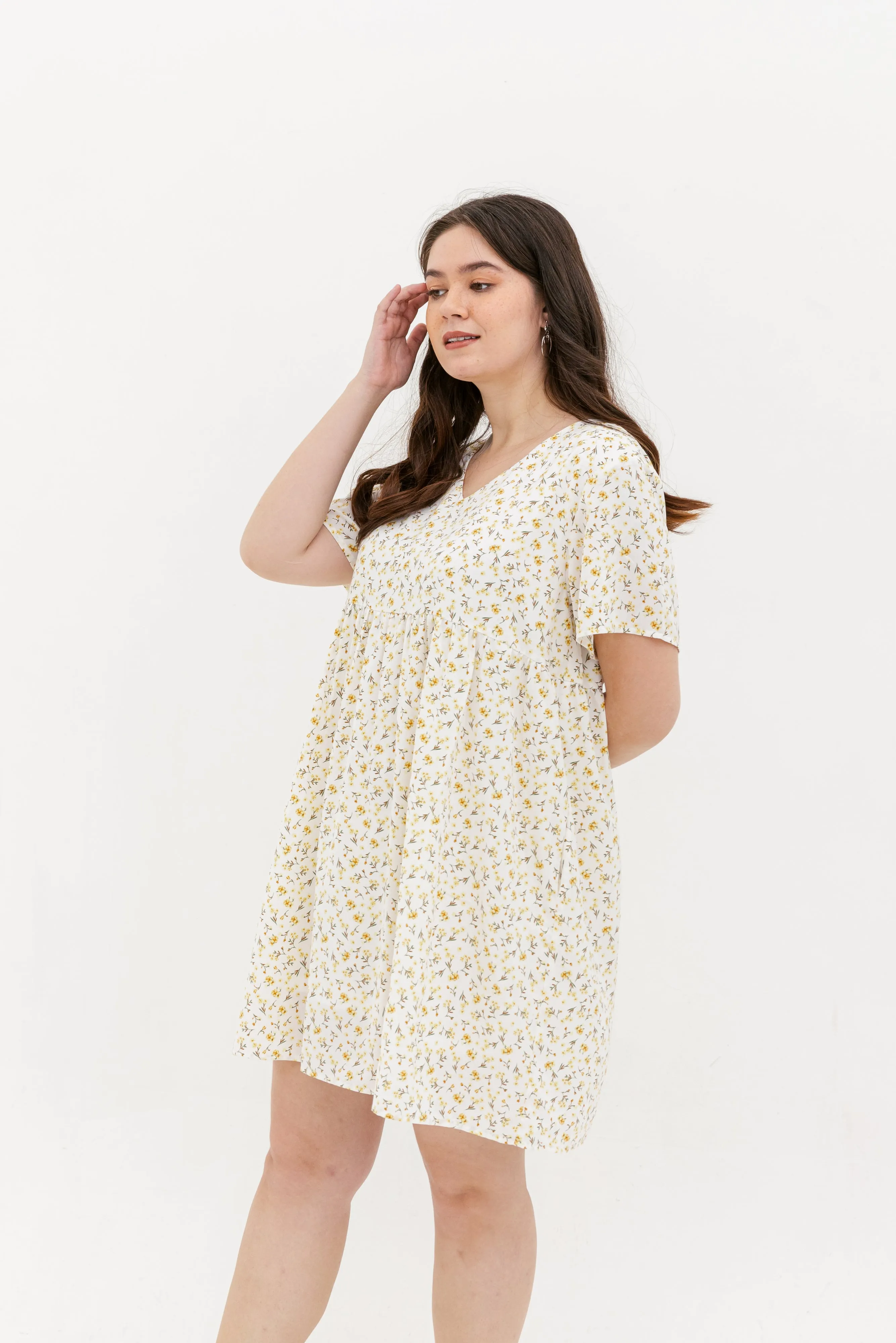 Fiona V-Neck Babydoll Dress In White