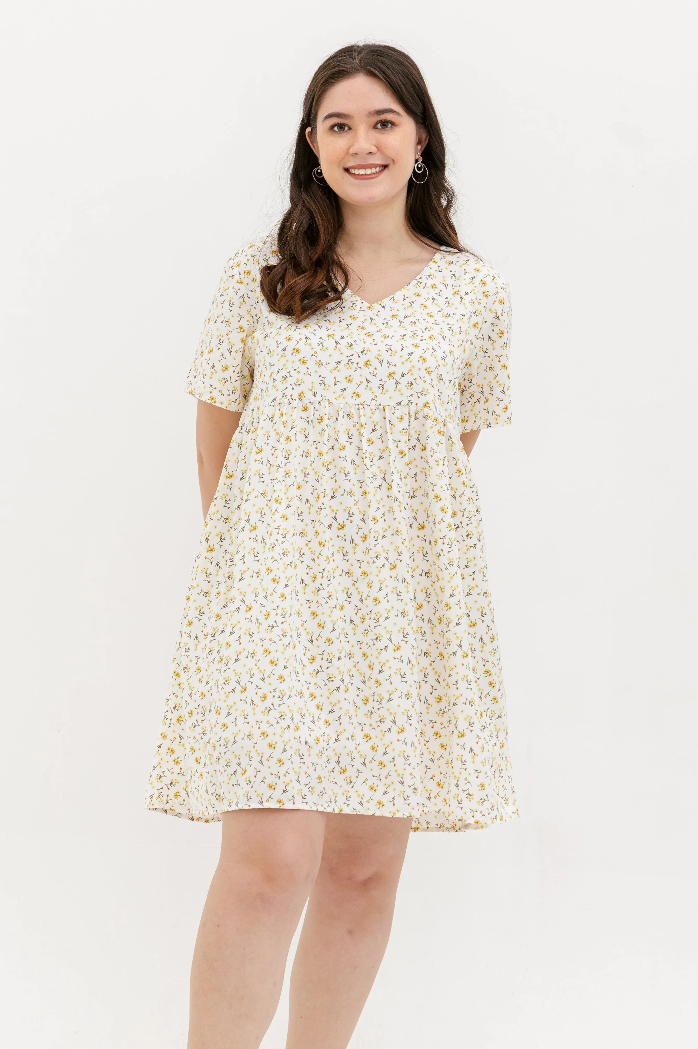 Fiona V-Neck Babydoll Dress In White