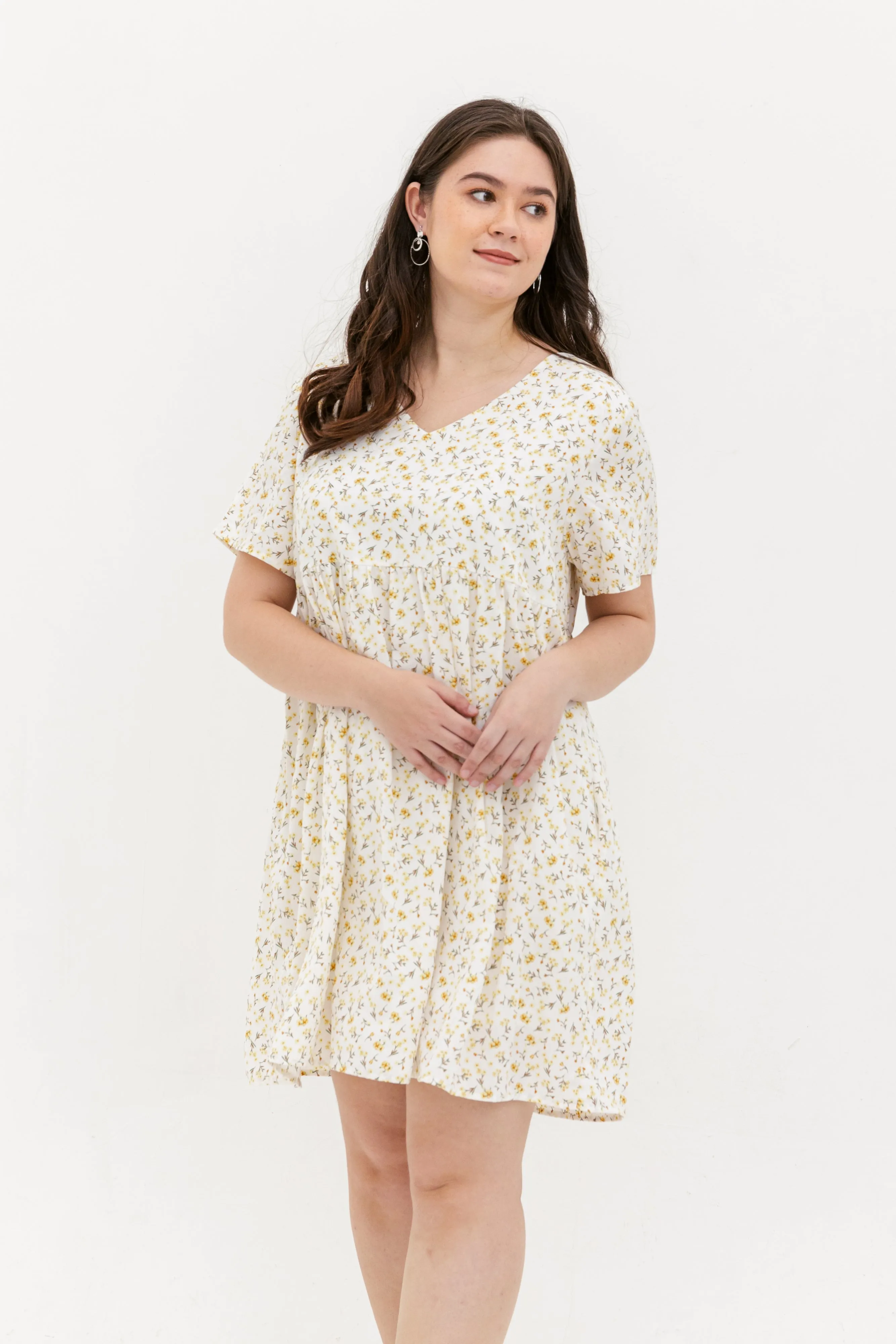 Fiona V-Neck Babydoll Dress In White