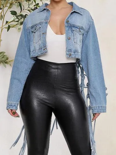 Fishnet Tie Detail Cropped Denim Jacket