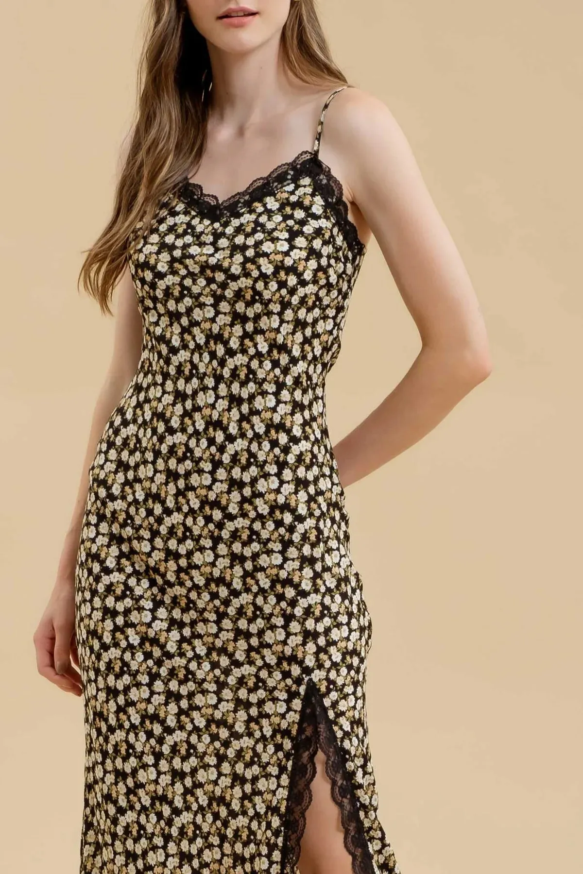 Floral Lace Trim Split Thigh Slip Maxi Dress