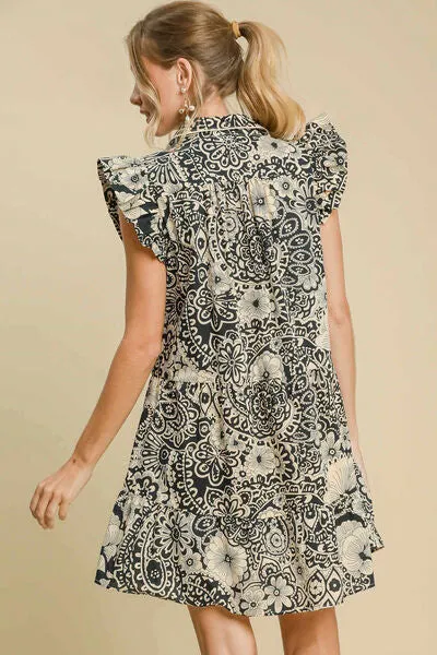 Floral Melody Ruffle Sleeve Babydoll Dress in Black