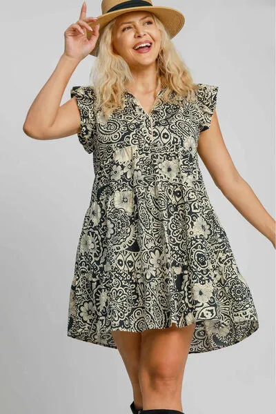 Floral Melody Ruffle Sleeve Babydoll Dress in Black