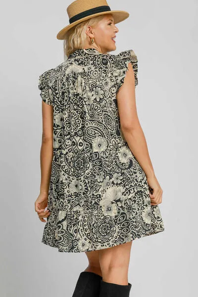 Floral Melody Ruffle Sleeve Babydoll Dress in Black