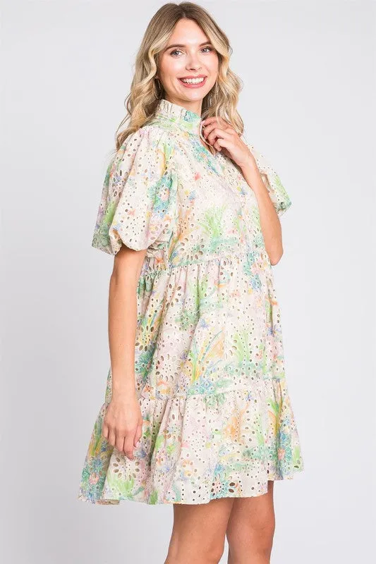 GeeGee Floral Eyelet Lace Puff Sleeve Mini Dress