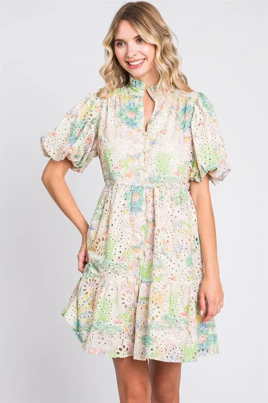 GeeGee Floral Eyelet Lace Puff Sleeve Mini Dress