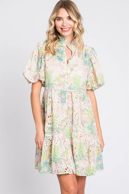 GeeGee Floral Eyelet Lace Puff Sleeve Mini Dress