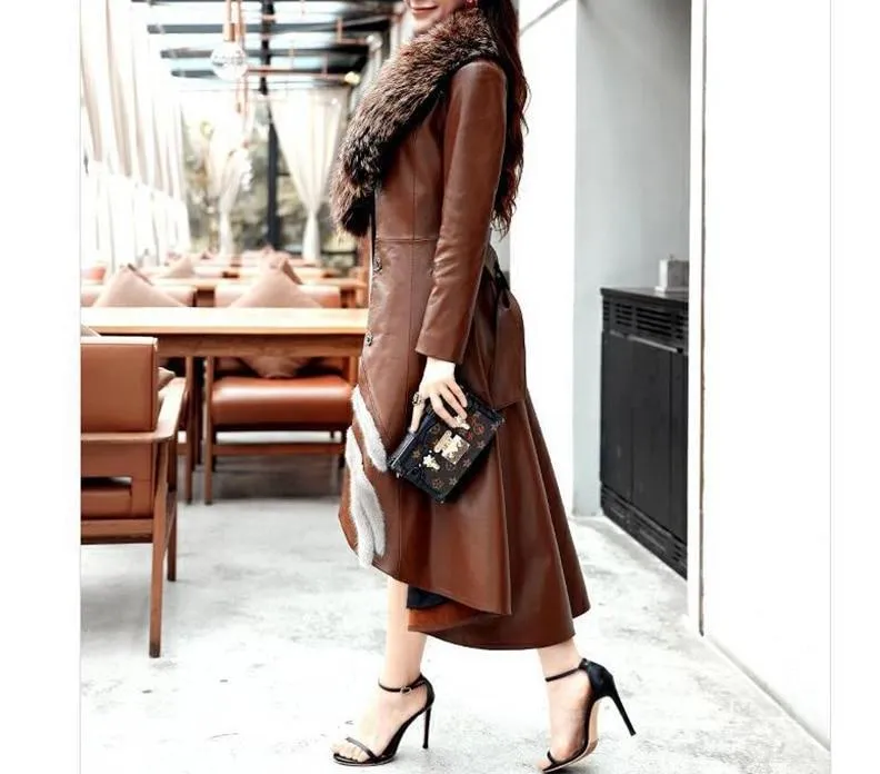 Genuine Fox Fur Collar  Leather Windbreaker Coat