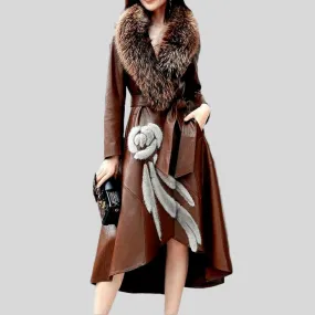 Genuine Fox Fur Collar  Leather Windbreaker Coat