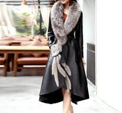 Genuine Fox Fur Collar  Leather Windbreaker Coat