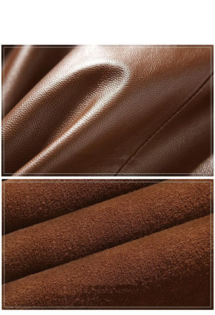 Genuine Fox Fur Collar  Leather Windbreaker Coat