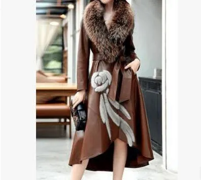 Genuine Fox Fur Collar  Leather Windbreaker Coat