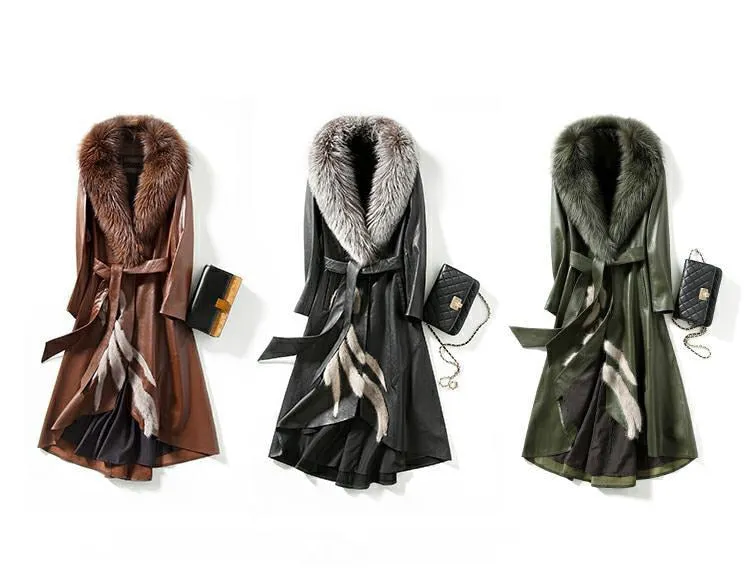 Genuine Fox Fur Collar  Leather Windbreaker Coat