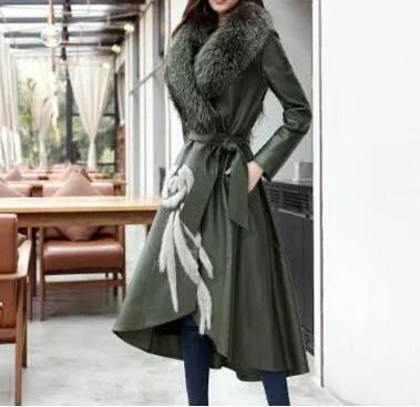 Genuine Fox Fur Collar  Leather Windbreaker Coat