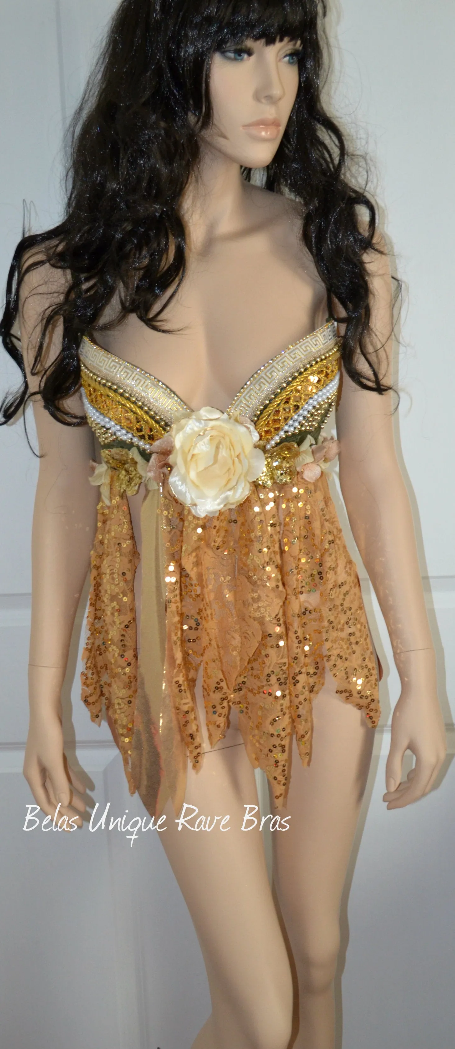 Golden Olive Goddess Fairy Mother of Nature Rave Bra Baby Doll Dress Halloween Costume