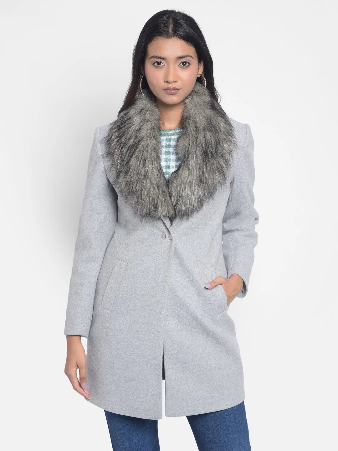 Grey Faux Fur Detailed Overcoat