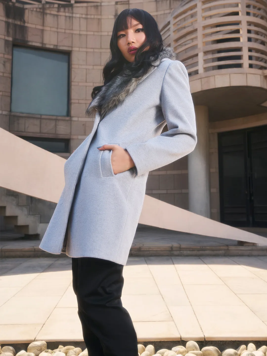 Grey Faux Fur Detailed Overcoat