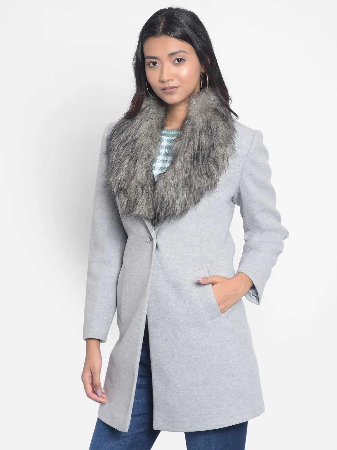 Grey Faux Fur Detailed Overcoat