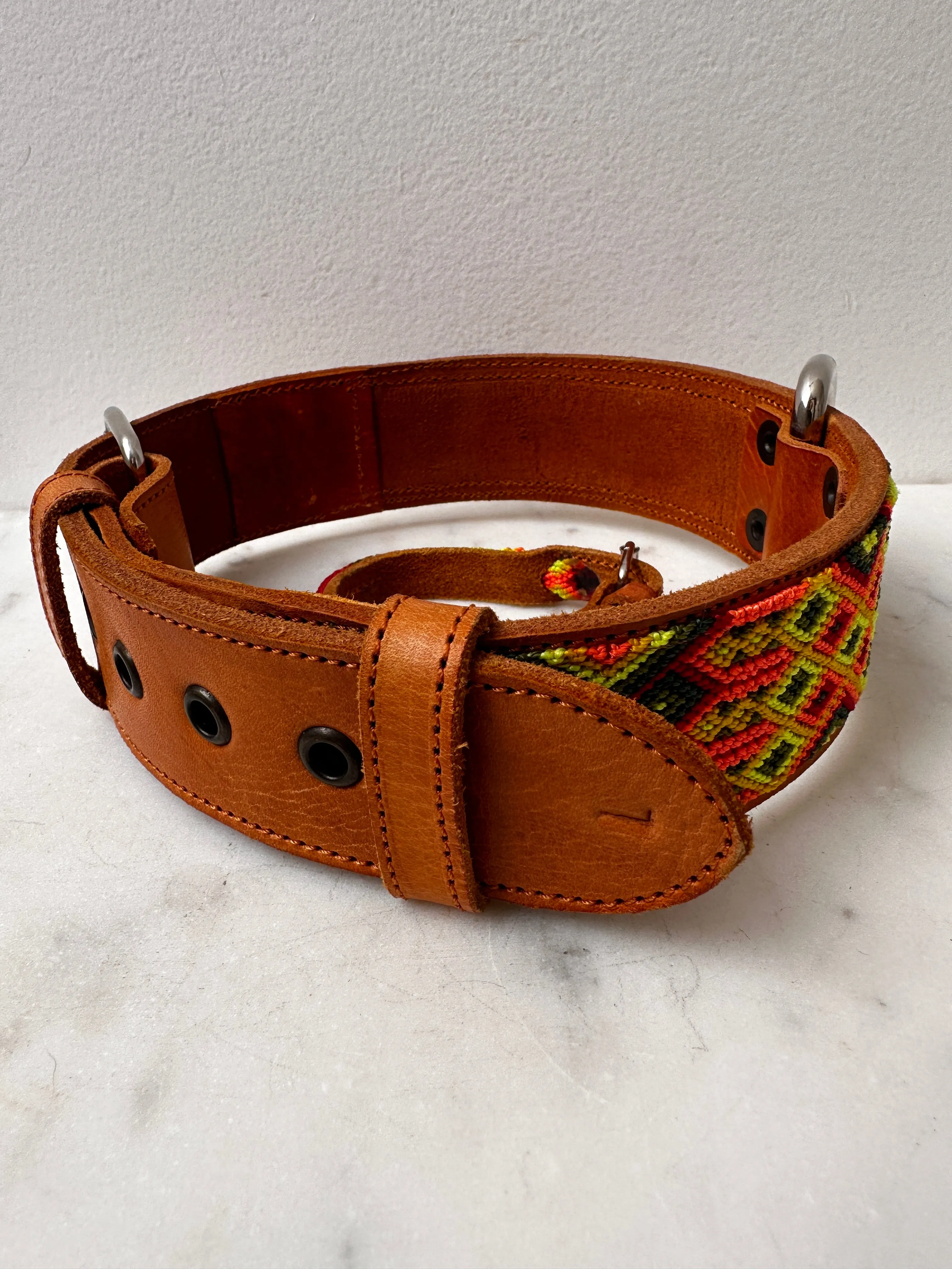 Huichol Leather Wide Dog Collar L12
