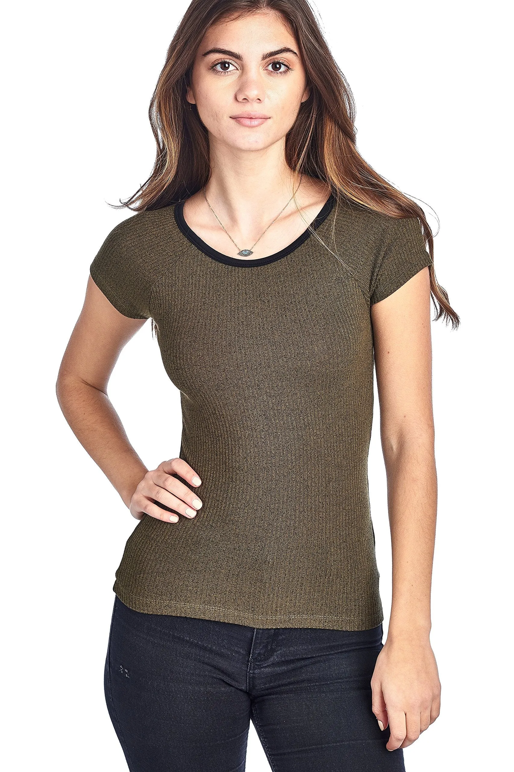 Khanomak Plain Short Sleeve Ribbed Round Neck Ringer Contrast Semi Cropped Top