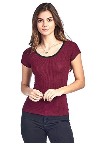 Khanomak Plain Short Sleeve Ribbed Round Neck Ringer Contrast Semi Cropped Top