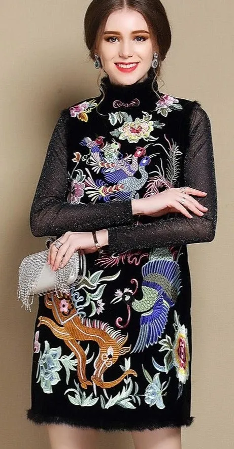 Knee Length Floral Embroidery Cheongsam Top A-line Dress