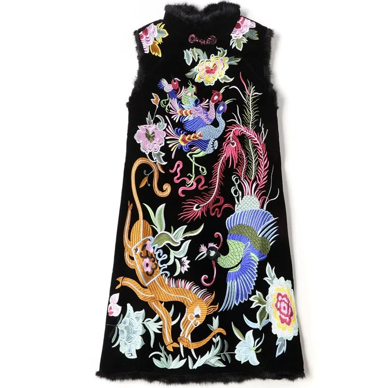 Knee Length Floral Embroidery Cheongsam Top A-line Dress
