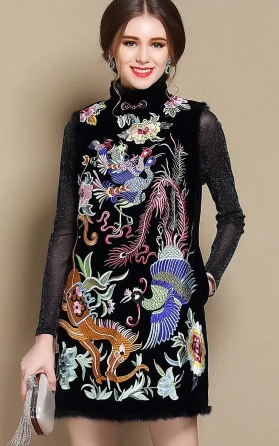 Knee Length Floral Embroidery Cheongsam Top A-line Dress