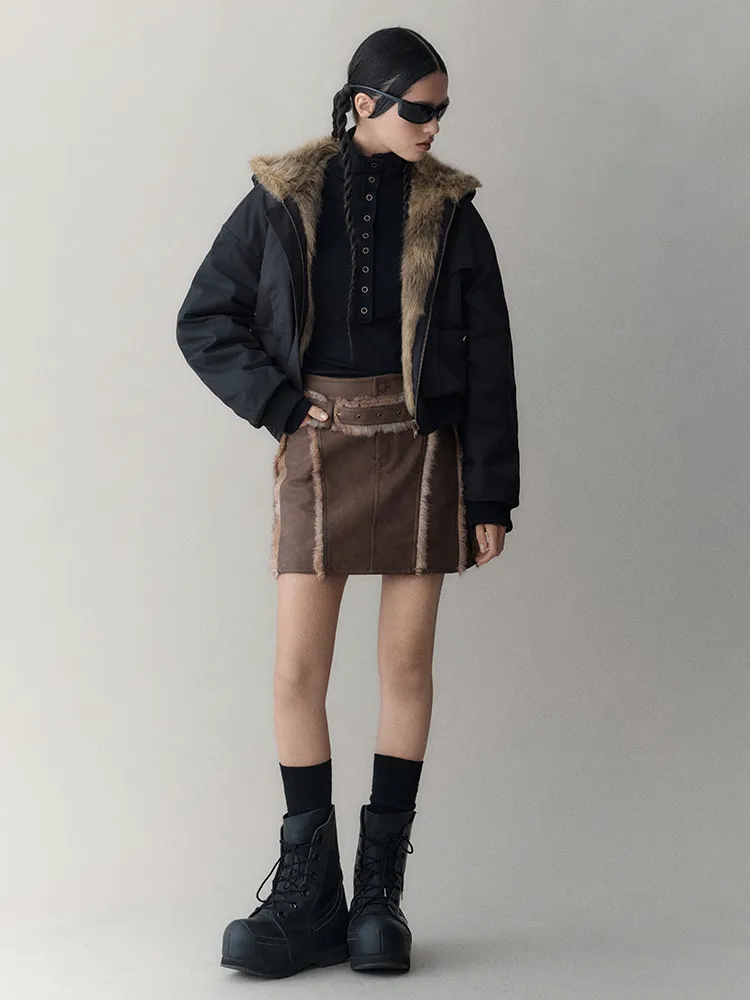 Leather＆Fur Short Nichi Trapezoid Mini-Skirt