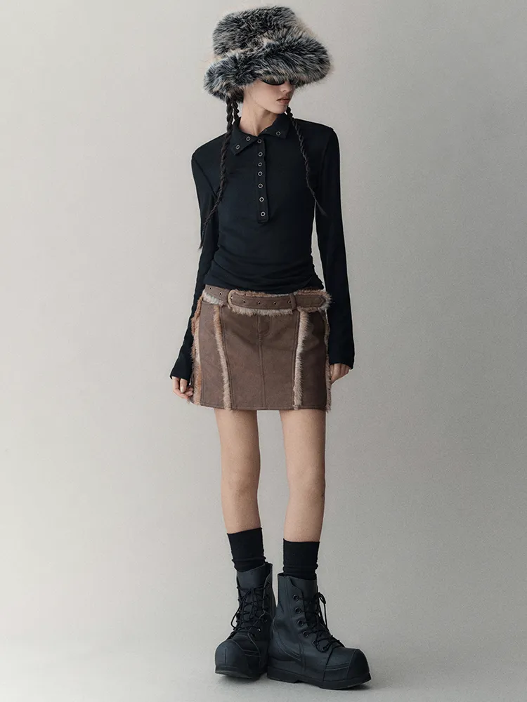 Leather＆Fur Short Nichi Trapezoid Mini-Skirt