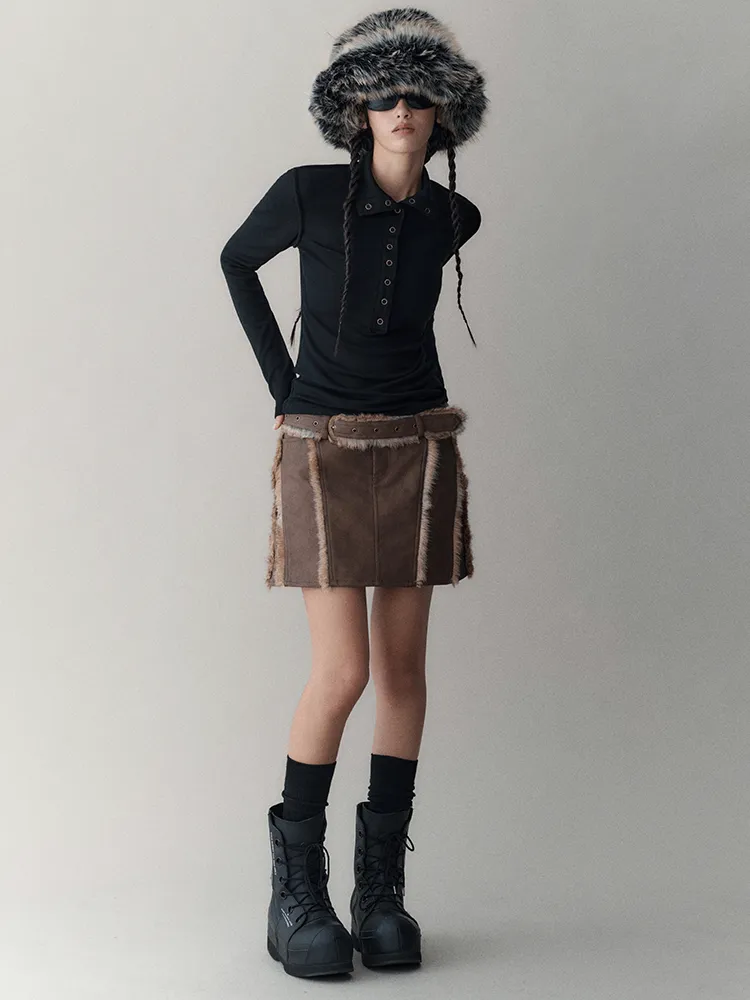 Leather＆Fur Short Nichi Trapezoid Mini-Skirt