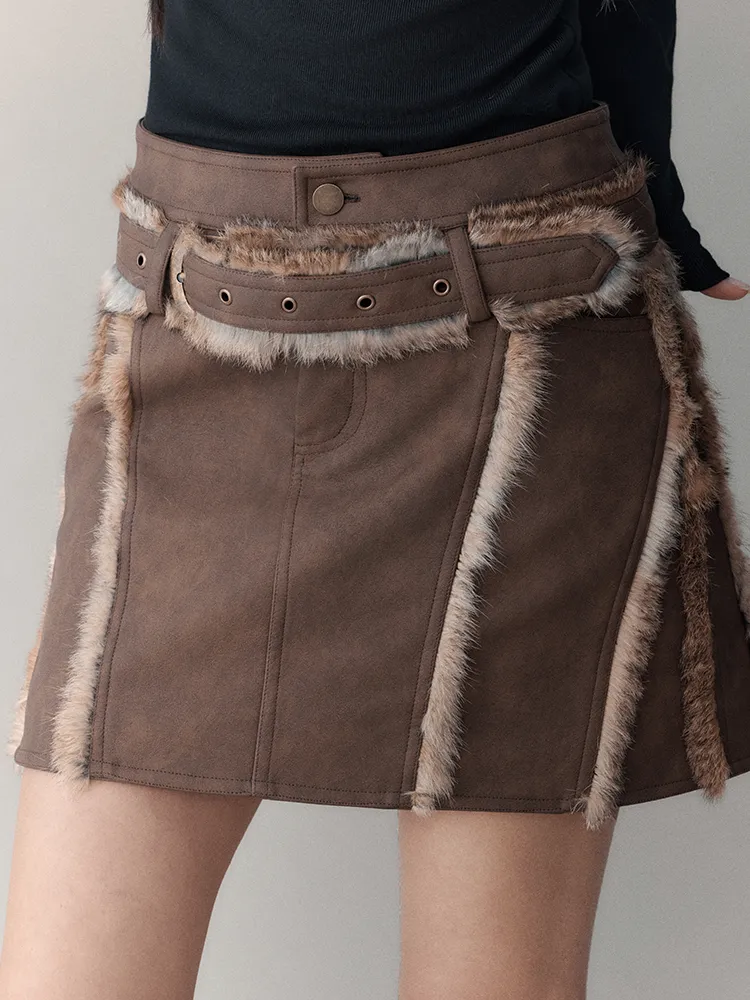 Leather＆Fur Short Nichi Trapezoid Mini-Skirt