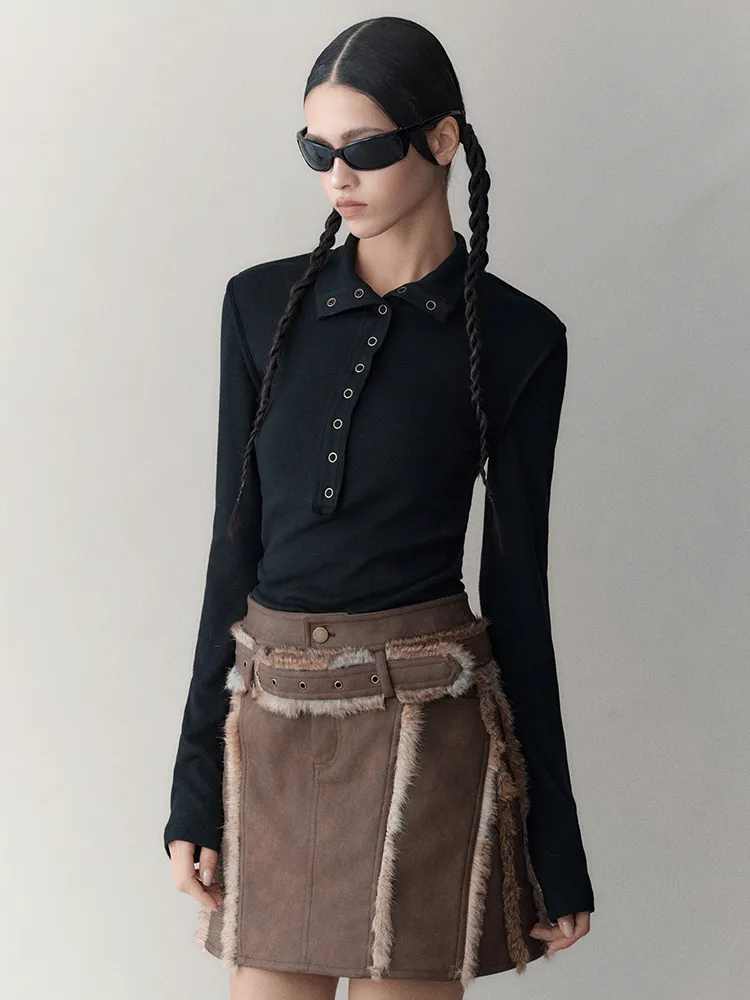 Leather＆Fur Short Nichi Trapezoid Mini-Skirt