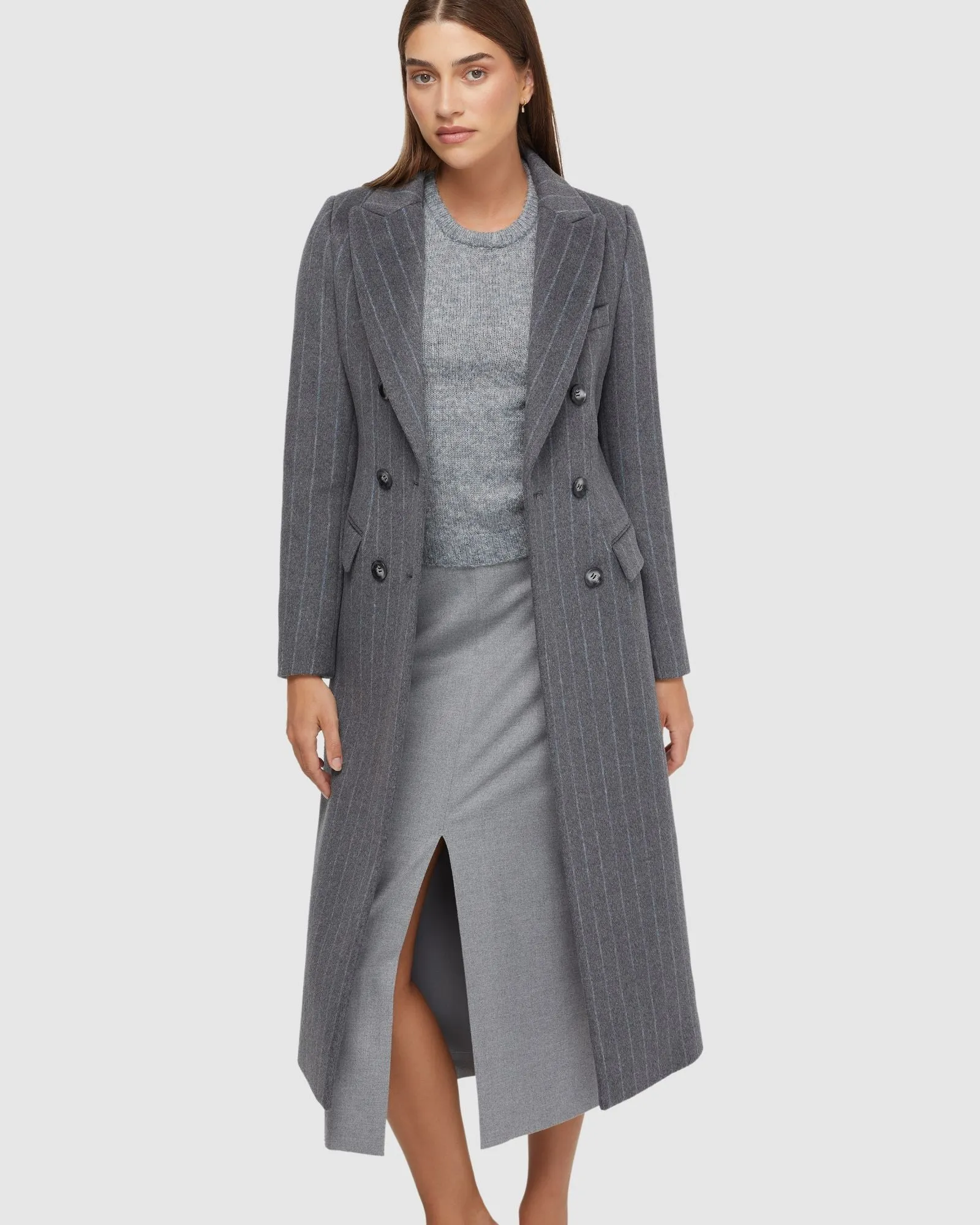 Lilian Pinstripe Wool Rich Overcoat