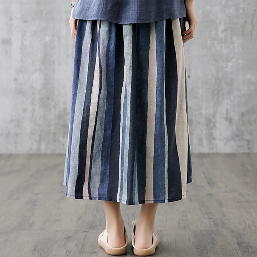 Linen Striped Casual Midi Skirt